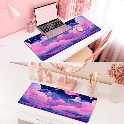 Britimes Pink Blue Planet and Clouds Desk Mat Cute Colorful Sky Deak Pad Non-Slip PU Leather Large Keyboard Mouse Pad Office Desktop Accessories for Office,Work,Home Decor(31.5"X15.7")