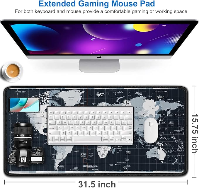 Large Gaming Mouse Pad with Stitched Edges, 31.5x15.7 in Extended Computer Keyboard Mouse Mat, Water Resist Non-Slip Mousepad Rubber Base Long XXL Desk Mousepad for Work & Gaming, Home, Map