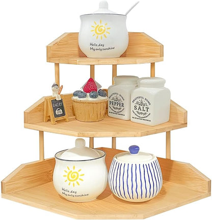HYNAWIN Bamboo Corner Desk Organizer Shelf, 3-Tier Triangle Storage Rack for Office & Home, Space-Saving Desktop Shelf for Books, Stationery, Makeup, Small Items