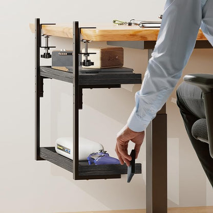 ART-GIFTREE Clamp On Desk Shelf 2-Tier, 16.5 in Wood Shelving Unit for Office Desk/Gaming Accessories, Tabletop Book Storage Rack, Shelf for Top of Desk, Black