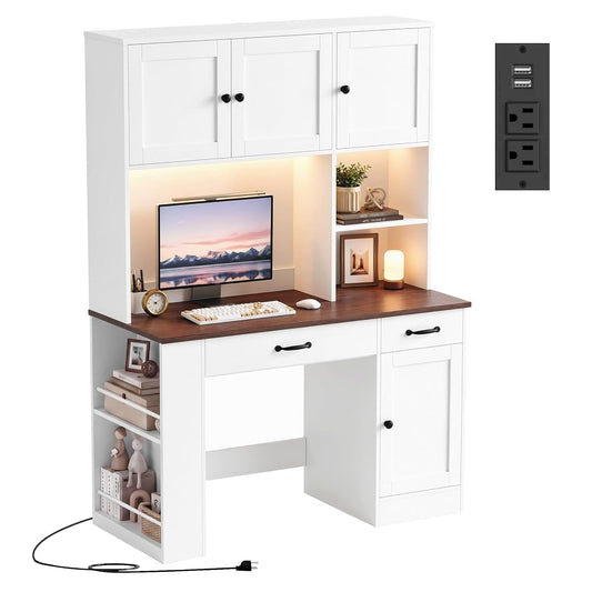71" Tall Computer Desk with Hutch, LED & Charging Station, White