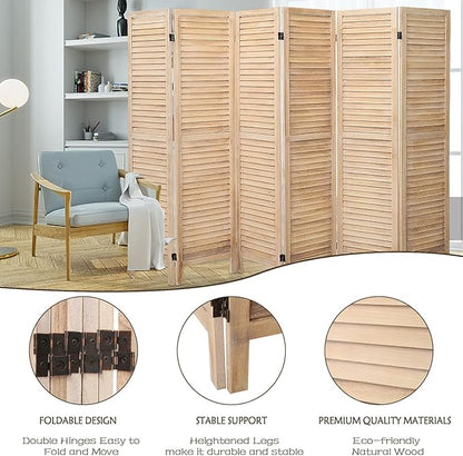 6 Panel Room Dividers and Folding Privacy Screens, Divider for Room Separation, Wood Louvered Divider Wall, Wooden Partition for Home Office Bedroom (Natural)