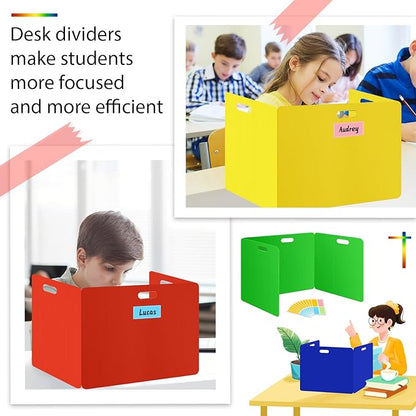 MuseLuxe 24 Pack Privacy Folders for Students - Durable & Waterproof Plastic Study Desk Dividers,Test Dividers for Classroom,Easy to Clean Privacy Shields & Boards -4 Color,Includes Extra 48 Labels