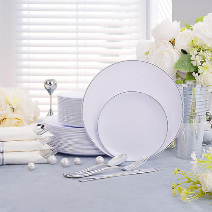 KIRE 350 PCS Plastic Dinnerware Set for 50 Guests, Silver Plastic Plates Include 50 Dinner, 50 Dessert Plates, 50 Pre Rolled Napkins with Silverware, 50 Cups for Wedding, Party, Banqet, Christmas
