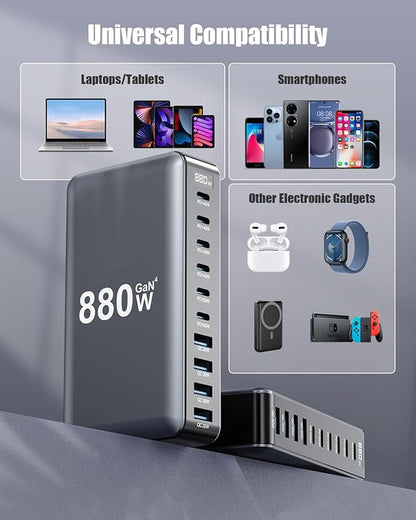 880W USB C Charger Block,10-Port USB C Charging Station GaN IV Travel Essentials Multiple Port Charging Station,100W Laptop Fast Charger Adapter for MacBook Pro/Air,DELL,iPad,iPhone,Samsung Galaxy