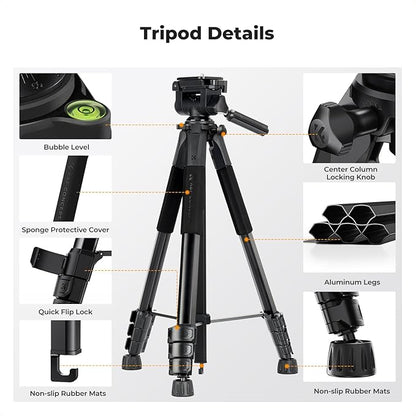 K&F Concept Camera Tripod, 68" Lightweight Portable Travel Outdoor DSLR Tripods for Camera Phone Video Recording Tripod Stand, Cellphone Clip for Smartphone Live Streaming Vlog S254A3+BV01