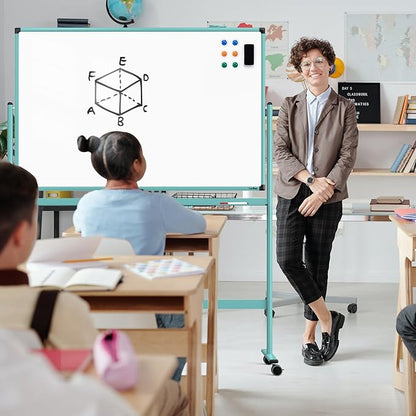 Rolling Whiteboard, 48x32 Inches Dry Erase Board with Stand, Magnetic Mobile Whiteboard on Wheels, Standing White Board for Office, School, Home, Large Double Sided White Board with Paper Pad