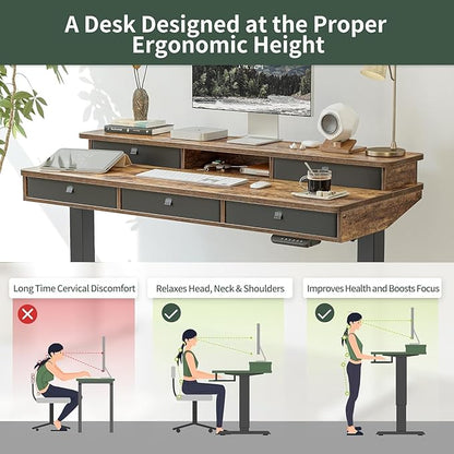 FEZIBO Height Adjustable Electric Standing Desk with 5 Drawers, 55 x 24 Inch Table with Storage Shelf, Sit Stand Desk Black Frame/Rustic Brown Top, 55 inch
