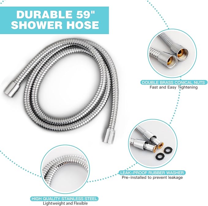 6-Setting Shower Head with Handheld, JDO High Pressure Hand held Shower Head, 4.7 Inch Chrome Detachable Showerhead Set with 59 Inch Stainless Steel Hose and Adjustable Showerhead Holder