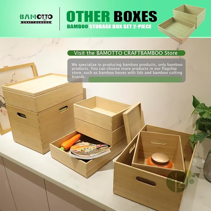2-Piece Large Bamboo Storage Box Set, 7.1 in High Stackable Deep-Drawer Organizer for Kitchen Cutlery, Utensils & Knives, Lidless Wooden Bin for Homes & Offices (14.6"x10.2"x7.1"+14.6"x10.2"x3.1")