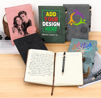 ENOMY Personalized Notebook & 10 PC Pens Set Custom Notebook 200 Pages A5 Leather Journal for Men Women Hardcover Notebooks for Office College Graduation New Year Gifts, Pink