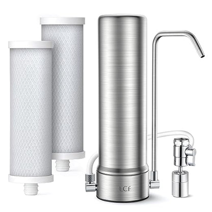 LCF Upgrade Countertop Water Filter, 𝐒𝐢𝐥𝐯𝐞𝐫 𝐈𝐨𝐧𝐬 Enhanced 6-Stage Stainless Steel Water Filter for Sink Faucet, Reduces Heavy Metals, Bad Taste & 99% Chlorine, 16,000 Gallons(2 Filters)