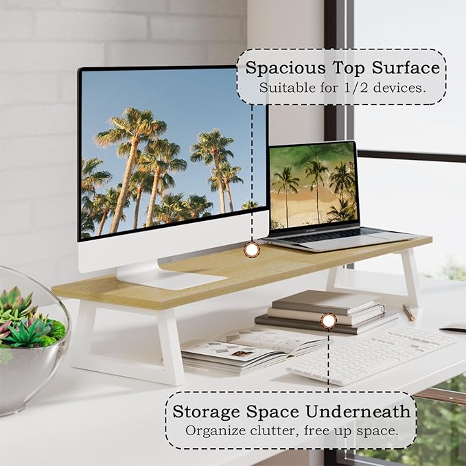 TEAMIX 31.5 inch Dual Monitor Riser - Wide TV Stand for 2 Monitors - Wood & Steel Desktop Riser for Dual Screen Office Desk Organization