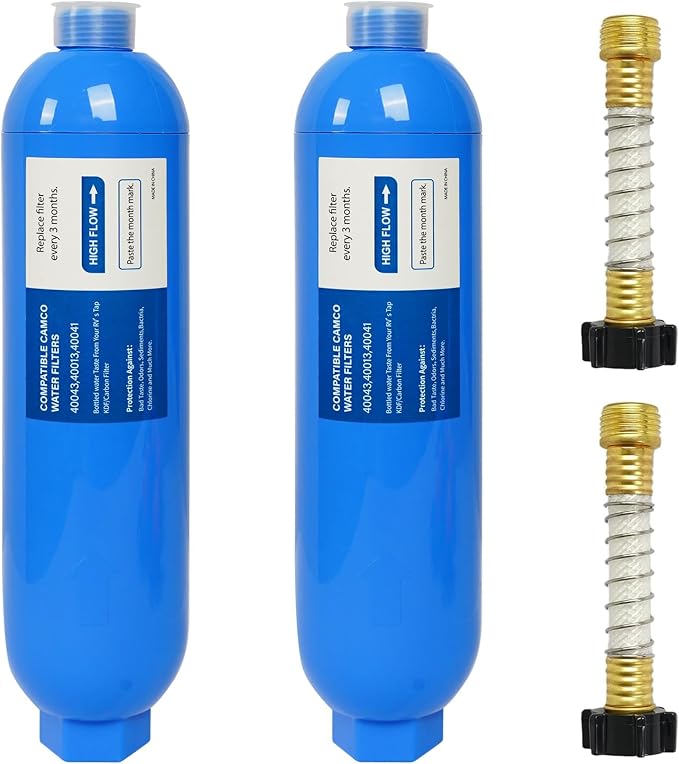 2 Pack RV Inline Water Filter with 2 Flexible Hose Protector, Reduce Bad Taste, Odors, Rust, Chlorine, Fluoride and Sediment in Drinking Water, Dedicated for RVs Campers Marines