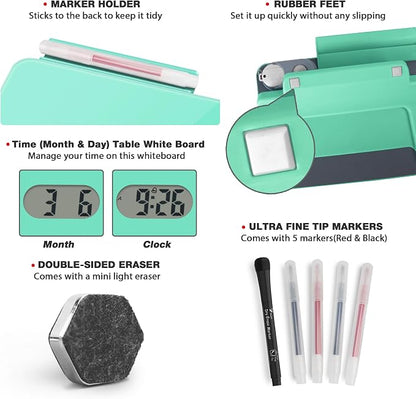 Small Glass Desk Whiteboard Dry-Erase Board with Clock, Small Travel Clock Keychain with Desk Notepad, Time Table Whiteboard for Desk Digital LED Light Display, 8x6 in with Accessories, Turquoise