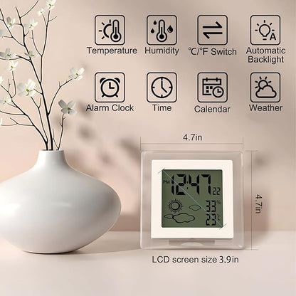 VOILEIPAGI Small Clock Digital Battery Operated Alarm Clock with Auto Backlight, Indoor Temperature Humidity, 12/24H, Date, Travel Alarm Clock Desk Clock Small Clock for Shelf (Battery Included)