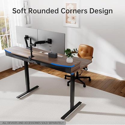 HUANUO 55" x 26" Electric Standing Desk with 2 Drawers, C-Clamp Mount Compatible, Height Adjustable Computer Desk, Home Office Stand Up Desk with 4 Preset Heights & 2 Hooks, Walnut