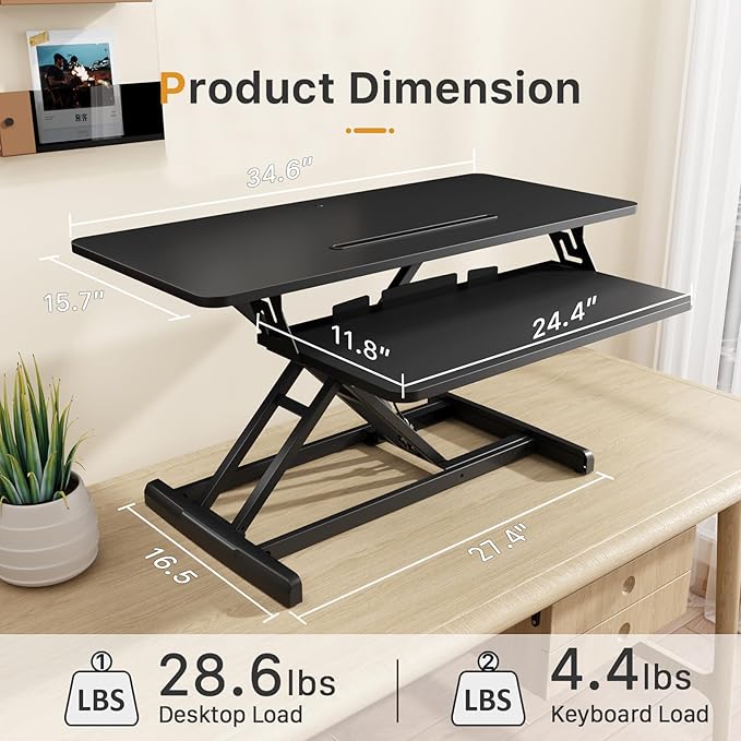 JOY worker Standing Desk Converter, 35" Wide Height Adjustable Sit Stand Up Desk Riser with Keyboard Tray, Desktop Workstation Riser for Home Office Computer Laptop, Particle Board, Black