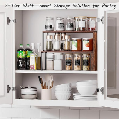 Vfelf Kitchen Countertop Organizer, Spice Rack Cabinet Organizer Shelf Stackable Counter Corner Shelves Organization and Storage for Pantry, Counter top, Coffee Station Wood Rustic Brown
