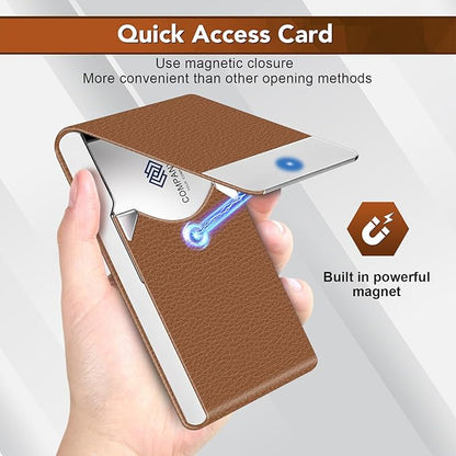 Business Card Holder with Ultra Slim Design, Business Card Case with Premium PU Leather, Suit Pocket Metal Card Holder for Women/Men, Magnetic Closure Quick Access Cards
