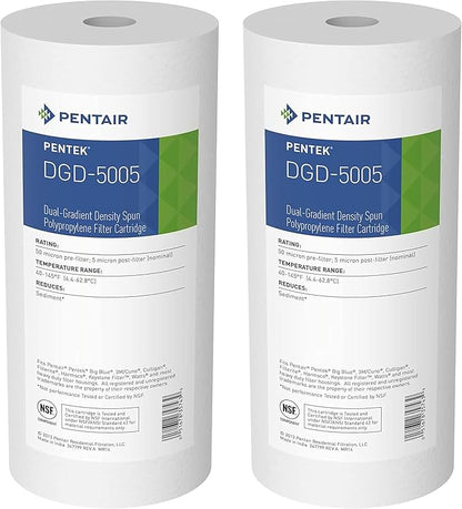Pentair Pentek DGD-5005 Big Blue Water Filter, 10-Inch Whole House Sediment Filter Cartridge Replacement, Dual-Gradient Density Spun Polypropylene, 10" x 4.5", 5 Micron, Pack of 2