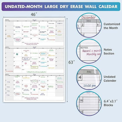 Dry Erase Vertical Three Month Laminated jumbo Wall Calendar, 46 x 63, Huge quarterly Laminated Erasable White Board, Giant 90 day Family Whiteboard Schedule Planner, Large Multi Month Reusable