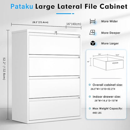 Pataku 4 Drawer File Cabinet with Lock, Metal Lateral File Cabinets for Home Office, Locking Filling Cabinets for Hanging Files Letter/Legal/F4/A4 Size(4Drawer/White)