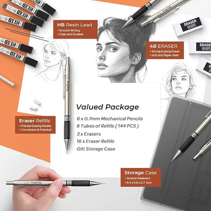Nicpro 0.7 mm Art Mechanical Pencils Set, 6 PCS Metal Drafting Pencil 0.7mm Tube HB Lead Refills & 18 Cap Eraser for Adults, Children, Artist Writing, Drawing, Sketching, Black | Metal Drafting Pencil Lead Pencil+6 Tube Lead Refills, Eraser, Comfort Gr...