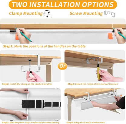 SUREUP9 No Drill Under Desk Cable Management Tray, 48" Cord Organizer with Clamp, Fabric Cable Management for Standing Desks, Ideal for Home & Office - White