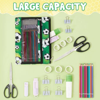 WAWSAM Soccer Pencil Pouch for 3 Ring Binder, Zipper Pencil Pouch for Boys | 2 Pocket Clear Window Pencil Case, 3 Ring Pencil Pouch for School Supplies, Pencil Bags for Office College