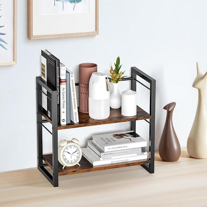 ART-GIFTREE Office Desk Shelf Organizer, Wood Desktop Bookshelf Supplies Storage Rack, Shelf for Top of Desk and Dresser (Brown-2 Tier)