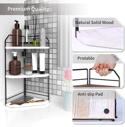 INIUNIK Corner Bathroom Counter Organizer - 3 Tier Wood Vanity Counter Shelf Perfume Skincare Holder, Countertop Corner Shelf Organizer for Bathroom, Kitchen, Rustic White