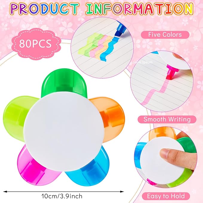 Outus 80 Pieces Petals Highlighters Assorted Colors Back to School Flower Shape Watercolor Highlighter Pens 5-in-1 Fluorescent Pens for Office School Stationery Aesthetic Supplies,5 Colors
