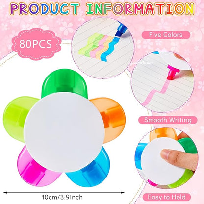 Outus 80 Pieces Petals Highlighters Assorted Colors Back to School Flower Shape Watercolor Highlighter Pens 5-in-1 Fluorescent Pens for Office School Stationery Aesthetic Supplies,5 Colors