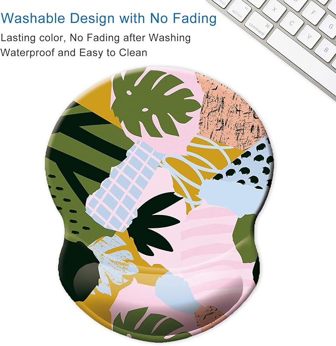 ITNRSIIET Ergonomic Mouse Pad with Gel Wrist Support Small Wrist Rest Smooth Surface Non-Slip PU Base Comfortable Office Supplies Pain Relief, 8.7 x 7.2 inches, Abstract Leaves