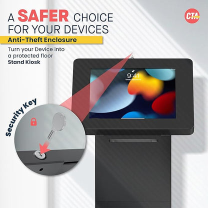 CTA Digital Locking Kiosk & Enclosure – Premium Locking Floor Stand Kiosk with Universal Security Enclosure - Storage and Cable Management for Retail POS - Ordering Screens & More Black (PAD-PARAFPE)