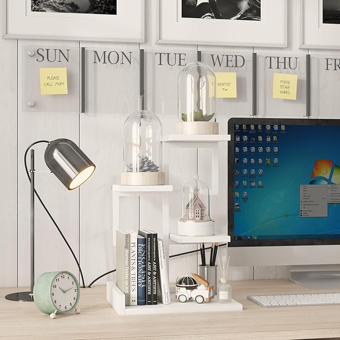 YMYNY Desktop Shelf Organizer, 4 Tier Storage Display Rack, Desk Shelf Organizer Small Bookshelf with Metal Frame for Office, Books, Plants, 12.2" x 9.45" x 17.52", White UHSR007W