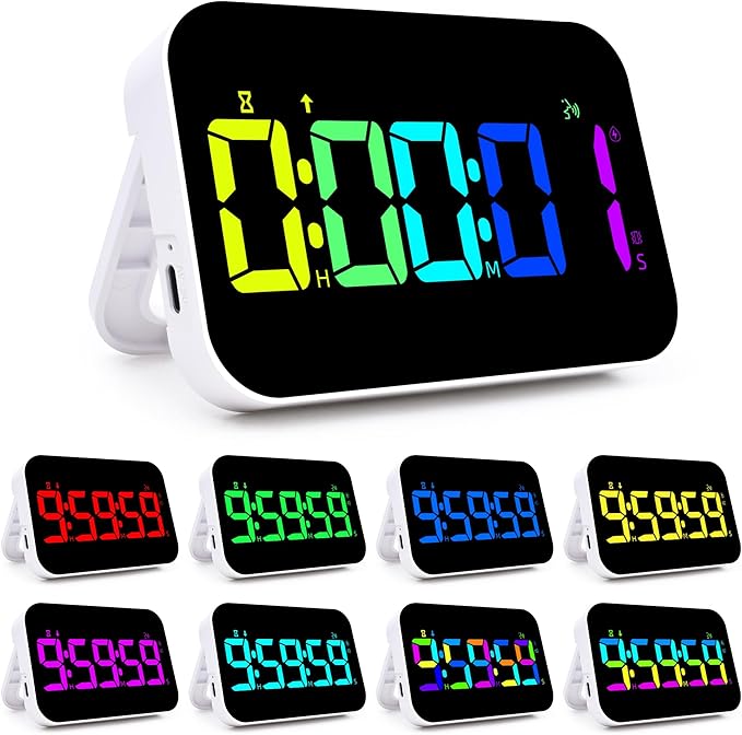 Kitchen Timer（1.5" Number）with Voice Reminder,10 RGB Color Changing Digital Magnetic Timer, Countdown/Up, Rechargeabilit, Brightness Display, 3 Volume Levels and Vibration Mode, for Classroom, Cooking