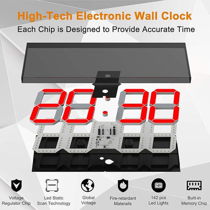 LED Large Digital Wall Clock, Oversize Wall Clock with 6” Numbers, Remote Control Count up/Countdown Timer Clock, Auto Dimmer, Big Calendar and Thermometer(Red)