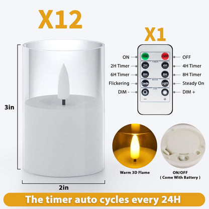 12Pack Flickering Flameless LED Candles with Remote & Timer, Battery Powered - Small Pillar & Votive, Clear (2"X3")