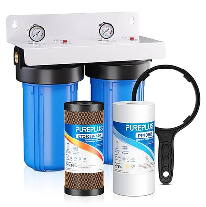 PUREPLUS 2-Stage Whole House Water Filtration System, Reduces Chlorine, Odor, Heavy Metals & Rust, with Pressure Gauges, 10" x 4.5" Housing, 1" Inlet/Outlet, PP Sediment & KDF Carbon Block Filters