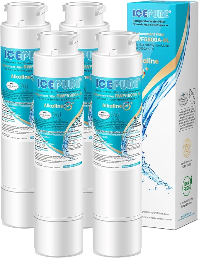 ICEPURE Alkaline RWF5800A-AL Refrigerator Water Filter Replacement for Frigidaire EPTWFU01, EWF02, Pure Source Ultra II, PureSource Ultra 2, GP006, BO022, MR022, SCWFTCTO, 4562222, Enhances PH, 4Pack