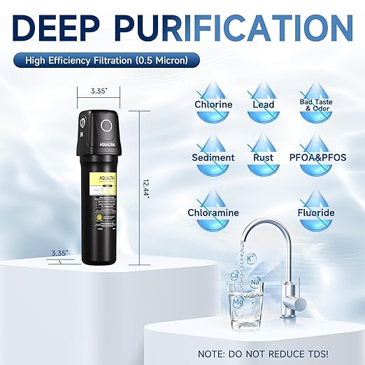AQUALTRA USF01-BKF Under Sink Filter System, 12K Gal with Faucet, NSF/ANSI/CAN 372 Certified, Reduce PFOA, PFOS, Chlorine, Lead, Mercury, Chloramine, Fluoride, Microplastic Particles, Bad Taste & Odor