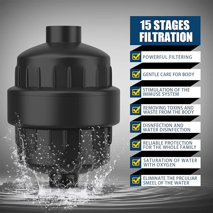 FEELSO Shower Head and 15 Stage Shower Filter Combo, High Pressure 5 Spray Settings Filtered Showerhead with Water Softener Filter Cartridge for Hard Water Remove Chlorine and Harmful Substances