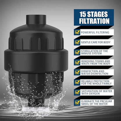 FEELSO Shower Head and 15 Stage Shower Filter Combo, High Pressure 5 Spray Settings Filtered Showerhead with Water Softener Filter Cartridge for Hard Water Remove Chlorine and Harmful Substances