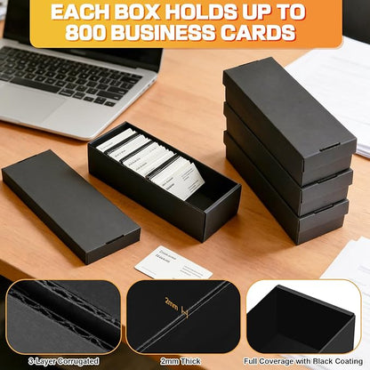 QLOUNI Business Card Storage Box 4 Pack, Business Card Holder Case with Lids, Holds 3200 Cards Total, 3-Layer Corrugated Desk Business Card Organizer, Black Card Index Photo & Office Supplies Storage