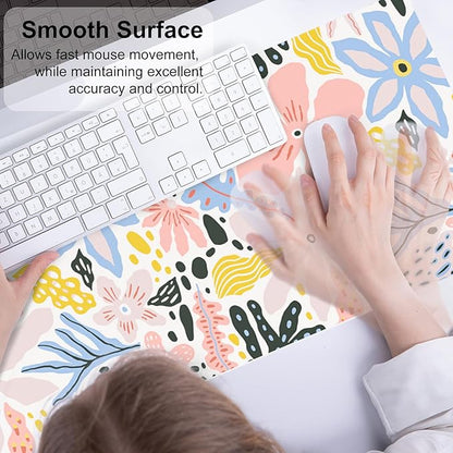 QIYI Floral Large Mouse Pad, Cute Desk Mat for Desktop, Women Girls Desk Accessories Office Décor, PU Leather Waterproof Big Gaming Mousepad, Doodle Flowers Desk Pad Computer Mat, 31.5" x 11.8"