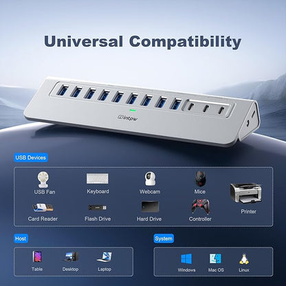 YH9AC Powered USB Hub 10Gbps, intpw 12 Port USB C Hub with 10Gbps USB C 3.2+2 USB A 3.2, 7 USB 3.0, 2 PD 45W Charging Port, 65W Power Adapter + 3.3FT Cable, Aluminum USB Hub for Laptop/iPhone 17/16/PC