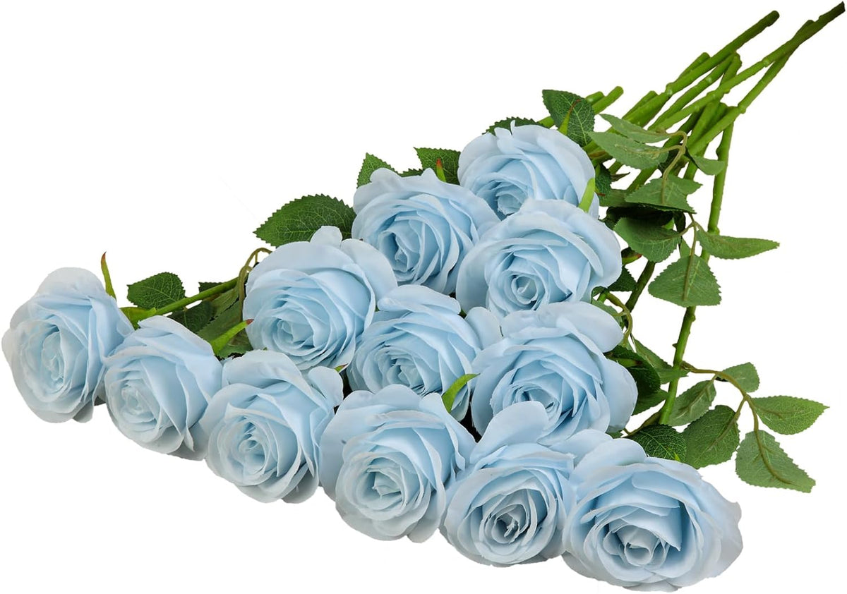 12pcs Roses Artificial Flowers Fake Roses Baby Blue Silk Roses White Silk Flowers Rose with Long Stems for Wedding Home Party Centerpieces Decorations