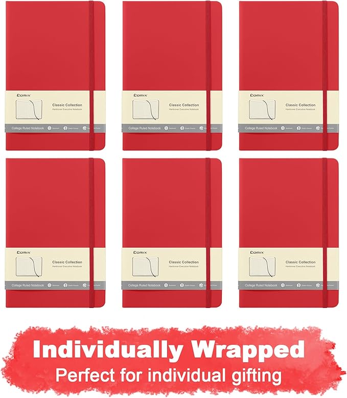 Comix 6 Pack Lined Journal Notebooks for Work, 240 Pages, 5.5"x8.3", Red, Hardcover, A5 Medium College Ruled, Journaling Notebooks for Notes-taking, Fits for Office School Home